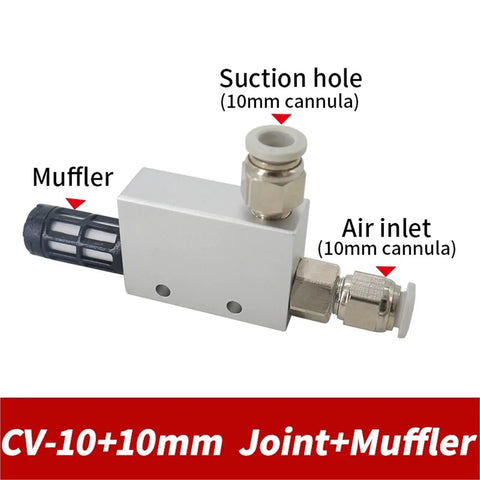 Pro Grade Heavy Duty Vacuum Generator With Strong Negative Pressure And Suction, showing CV-10 model with muffler and air inlet