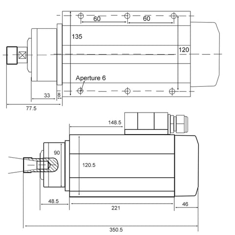 Technical diagram of Heavy Duty Workhorse 6.0 kW 380V Air Cooled Woodworking Spindle Motor With ER32 Chuck, dimensions labeled.