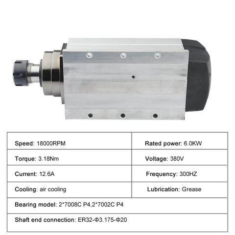 Heavy Duty Workhorse 6.0 kW 380V Air Cooled Woodworking Spindle Motor With ER32 Chuck shown with specifications