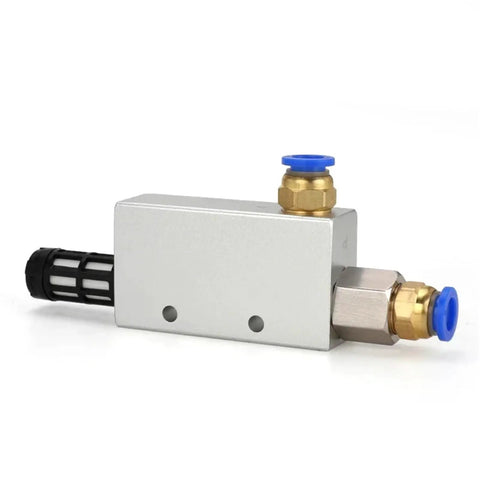 Boss Level Vacuum Generator CV-10HS Negative Venturi Air Exhaust Ejector, silver unit with brass fittings and blue caps, side view