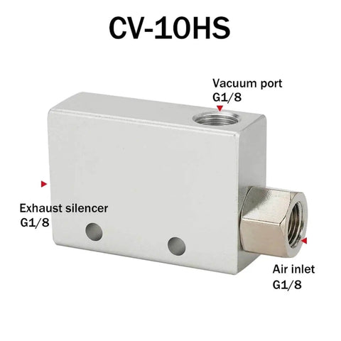 Vacuum Generator CV-10HS High Negative Venturi Air Exhaust Ejector with vacuum port and exhaust silencer, side view