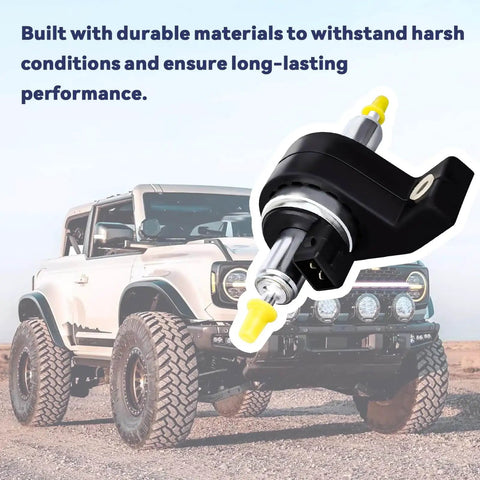 Beefy 12V Diesel Fuel Metering Pump With 150 L/H At 80 PSI, CNC aluminum housing, PTFE diaphragm shown beside an off-road vehicle