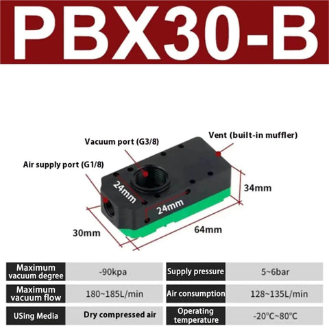 PBX30-B compact multi stage vacuum generator with energy saving design, showing dimensions and ports, high flow and heavy suction
