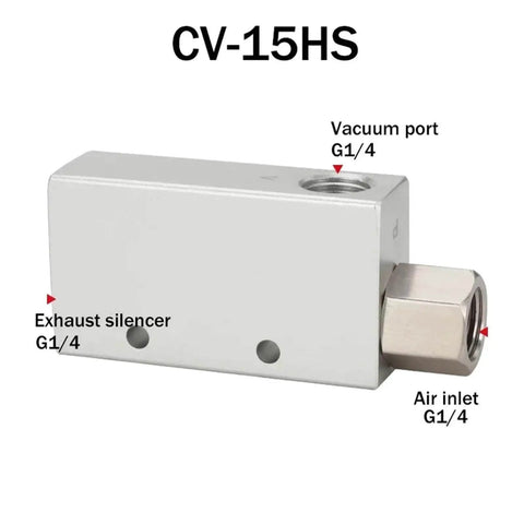 CV-15HS pneumatic vacuum generator with exhaust silencer, vacuum port, and air inlet labeled for 15HS series