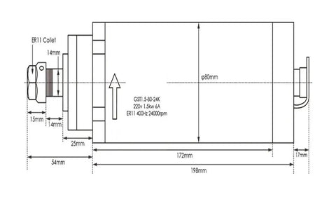 Technical diagram of Beefy 1.5kW ER11 Air Cooled CNC Spindle, 80mm Diameter, showing dimensions and key specifications.