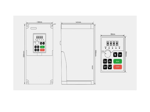 Dimensions of 4kW 220V frequency drive for Beefy 3.5kW ER25 Spindle Kit with operation buttons and digital display