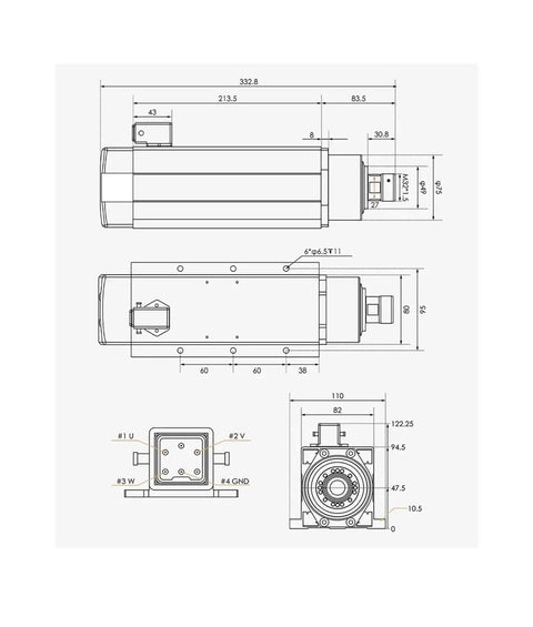 Technical drawing of Beefy 3.5kW ER25 Spindle Kit with 4 Ceramic Bearings, square spindle, ER25 collets, and a 4kW 220V frequency drive, 300Hz.