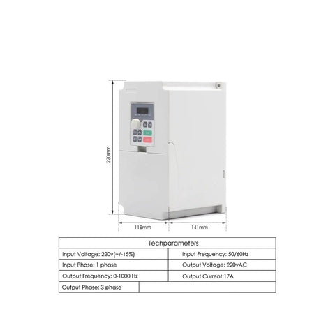 Dimensions and tech specs of 4kW 220V frequency drive from Beefy 3.5kW ER25 Spindle Kit with square spindle, ER25 collets, 300Hz.