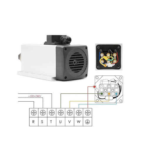 3.5kW ER20 Air Cooled Spindle Motor For CNC Machines 220V 380V Dual Voltage with wiring diagram detail view.