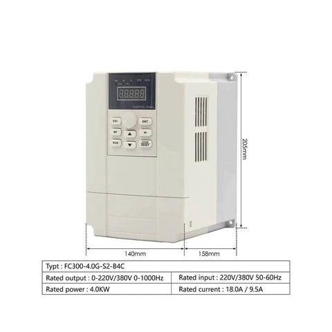 4.0kW frequency drive for 3.5kW ER20 Air Cooled Spindle Motor, showing dimensions and control panel for CNC machines.