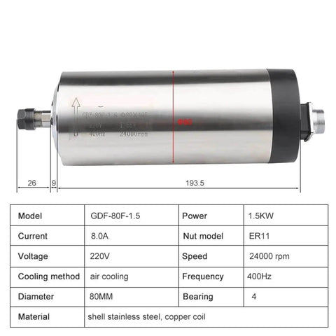 Air Cooled Milling Spindle 1.5KW 220V 24000 RPM ER16 80mm Shaft For Router Woodworking And Carving, stainless steel shaft with specs