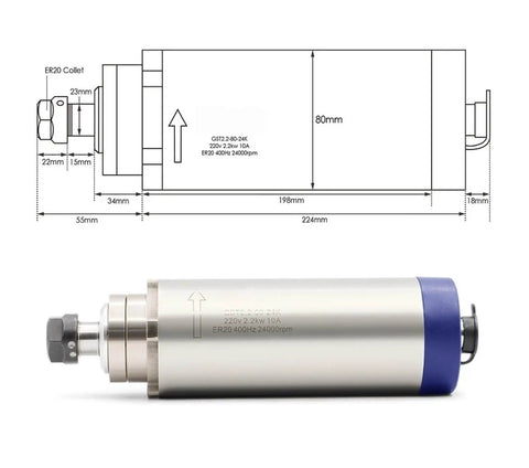 Air Cooled Spindle Motor 2.2KW ER20 with ceramic ball bearings and stable torque, side view with detailed measurements diagram.