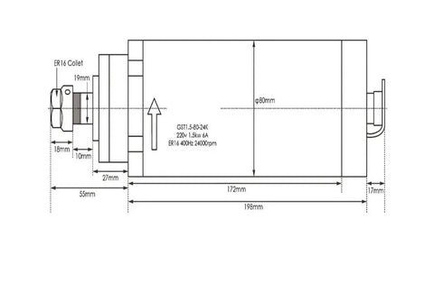 Technical drawing of CNC Milling Spindle 1.5kW ER16 Water Cooled 0-24000 RPM 400Hz High Speed Spindle, dimensions and specifications detailed.