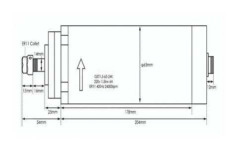 Technical drawing of Beefed Up 1.5kW ER11 CNC Spindle, Air Cooled, 24,000 RPM, 65x204mm Shaft, Four Bearing System, 220V 400Hz