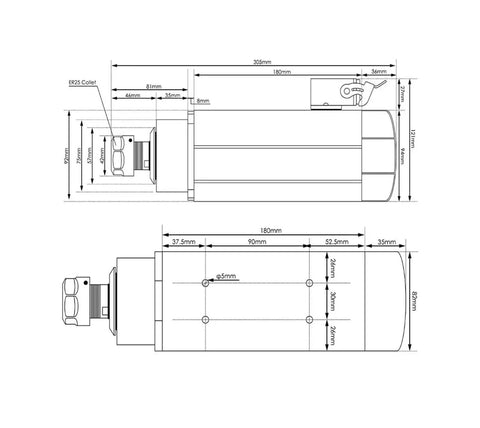 Technical sketch of 2.2kW ER25 CNC Spindle With 18000 RPM And 300 Hz Air Cooled Four Ceramic Ball Bearings Square Mount 16mm 380V Drive