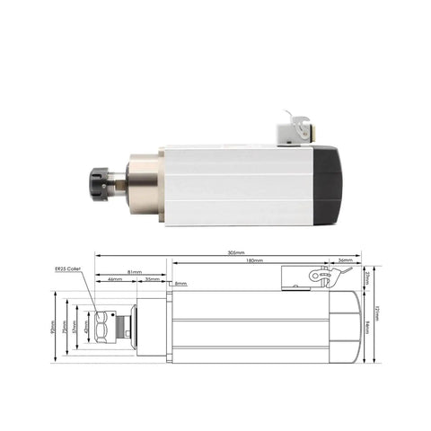 Side view of 2.2kW ER25 CNC Spindle with 18000 RPM, air-cooled four ceramic ball bearings, square mount, 16mm shaft, diagram included.