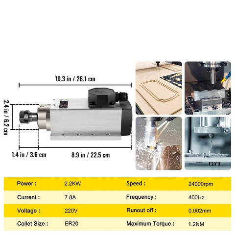 2.2KW CNC Spindle Motor With ER20 Collet Square Air Cooled High Speed CNC Router Spindle Four Bearing Upgrade