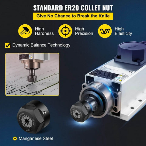 2.2KW CNC Spindle Motor With ER20 Collet Square Air Cooled High Speed CNC Router Spindle Four Bearing Upgrade