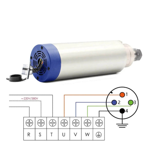 Air Cooling Spindle Motor 2.2kW ER20, 80mm Body, with wiring diagram, 400Hz, for CNC engraving and milling, 220V heavy-duty tool.