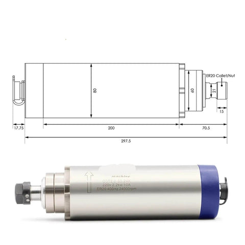Air Cooling Spindle Motor 2.2kW ER20, 80mm Body, shown with schematic and specifications for precision engraving and milling