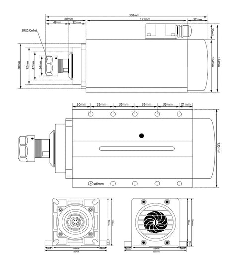 Technical drawing of 3.5kW ER20 CNC Spindle Motor Air Cooled 220V/380V Four Bearings With 0.01mm Runout for routers and mills.