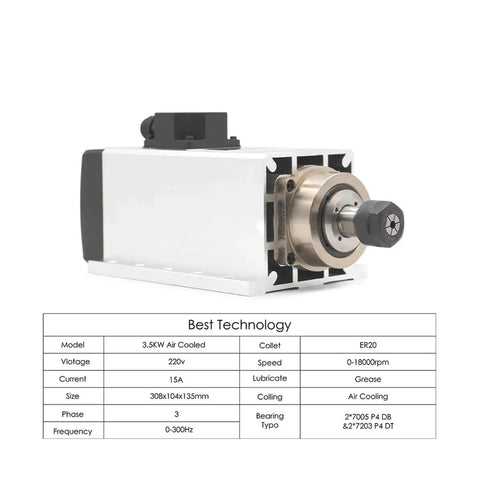 Front view of 3.5kW ER20 CNC spindle motor air cooled 220V/380V four bearings with 0.01mm runout