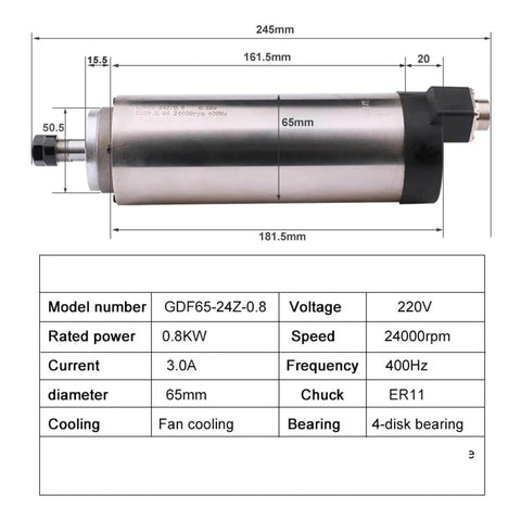 High Speed CNC Spindle Motor Air Cooled 800W 1.5KW 2.2KW With Four Bearings 220V, detailed dimensions and specifications