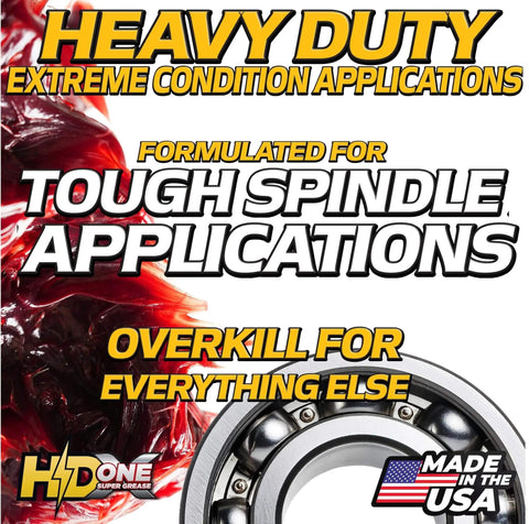 Pro Grade Heavy Duty High Temp Bearing Grease For Mowers And Spindles, promotional text next to grease and bearing image