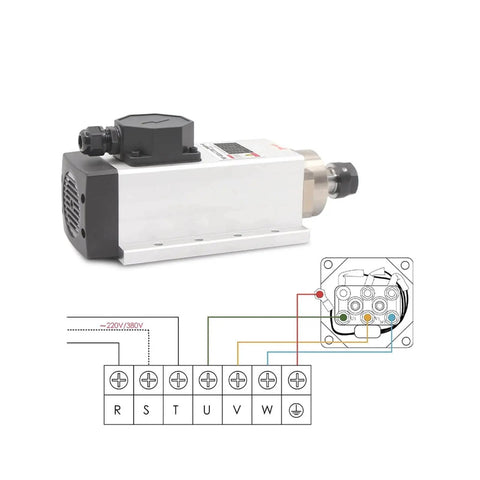 Beefed Up 2.2kW ER20 Air Cooled Spindle Kit With Flange, wiring diagram, 0.01mm accuracy, shown with electrical connections