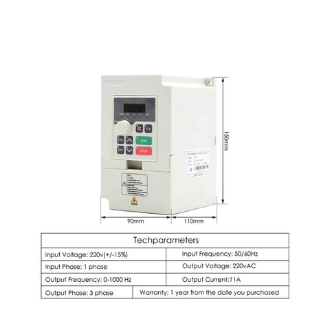 Dimensions and specs of inverter VFD for Beefed Up 2.2kW ER20 Air Cooled Spindle Kit, showing controls and size measurements.