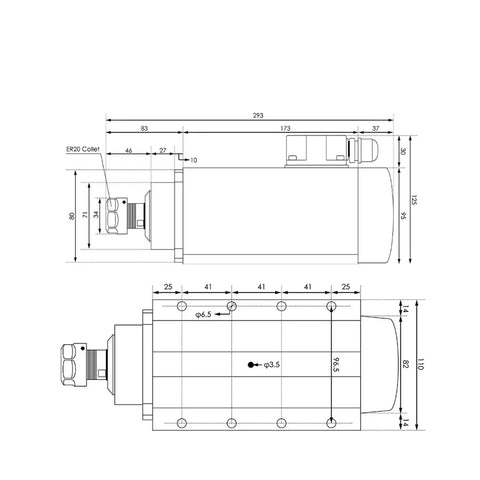 Technical diagram of Beefed Up 2.2kW ER20 Air Cooled Spindle Kit With Flange, 0.01mm Accuracy, Square Type, 4 Steel Bearings