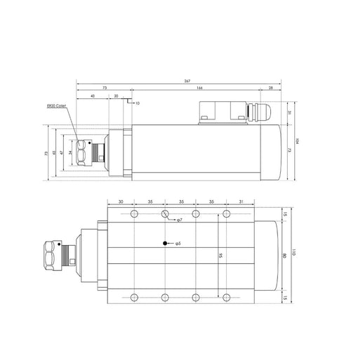 Technical drawing of Beefed Up 2.2kW ER20 Air Cooled Spindle Kit with flange and inverter, including dimensions and specifications.