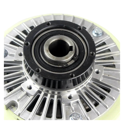 Close-up of low current high torque magnetic powder clutch and brake system for slitting machines with hollow spindle design