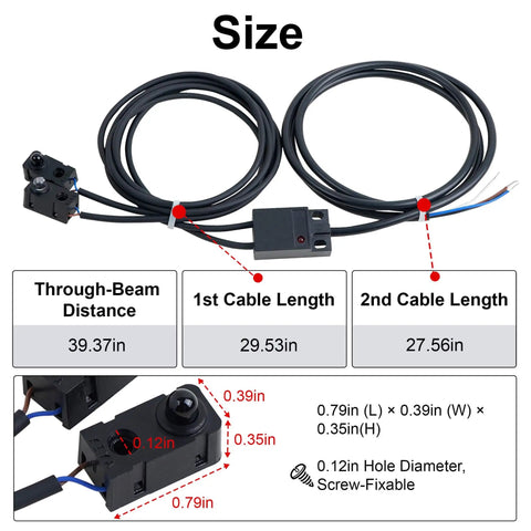 IR Break Beam Sensor With 5mm LEDs, counting module with cable dimensions, length details of 39.37in, 29.53in, and 27.56in for setup.