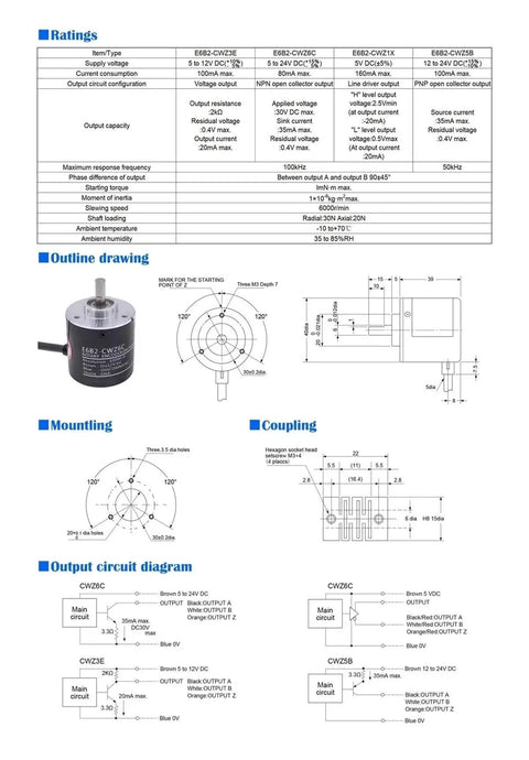 Specifications and diagrams for Incremental Rotary Encoder E6B2-CWZ6C 1000 P R 5-24V DC NPN Output, Compact Rugged Lightweight Sensor