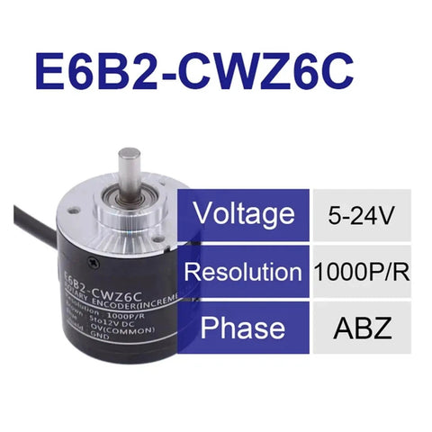 Incremental Rotary Encoder E6B2-CWZ6C 1000 P R 5-24V DC NPN Output specifications with voltage, resolution, and phase details.