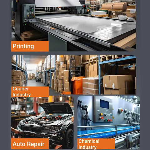 Collage of industrial settings: large printing machine, courier warehouse racks, auto repair with open hood car, chemical processing system.