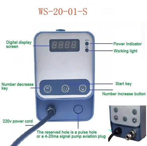 Front view of Electromagnetic Diaphragm Metering Pump control panel with digital display screen and operational buttons, model WS-20-01-S.