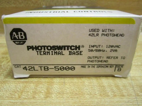 42LTB-5000 Photo Terminal Base Switch packaging with 120V AC input and 2 VA output details for industrial control panels