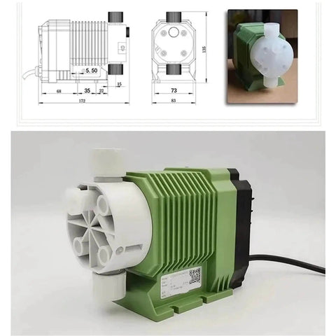 Heavy Duty Diaphragm Metering Pump 220V Electromagnetic Dosing Pump for acid, alkali, and chlorine solutions, front view with diagram.