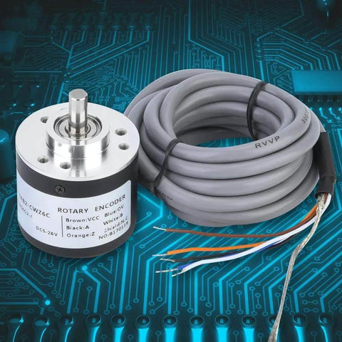 5 To 26V DC Incremental Rotary Encoder With 38mm Diameter NPN Open Collector Output ABZ 3 Phase General Purpose Encoder With 2m Wiring Cable 360 Pulses Per Revolution Ideal For CNC Machines Robotics And Industrial Automation on circuit board background