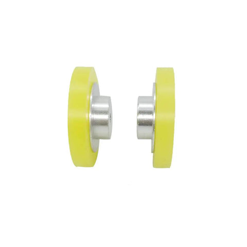 Side view of 2 Pack Industrial Encoder Roller Wheel Set, wear resistant non slip polyurethane metering wheel for rotary encoders, 68mm diameter.