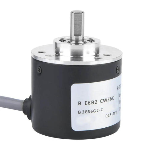 Close-up of Incremental Encoder with Quick Response Internal ASIC System, 38mm diameter, metal shell, cable connection visible.