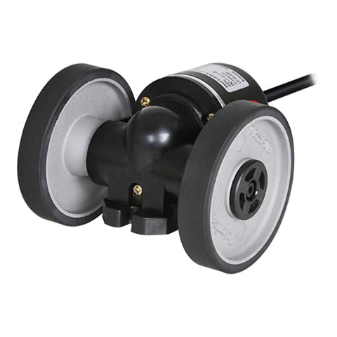 Autonics ENC 1 2 T 24 Incremental Rotary Encoder with dual wheels for industrial use, 12-24V DC, 4:1 gear ratio, close-up side view.