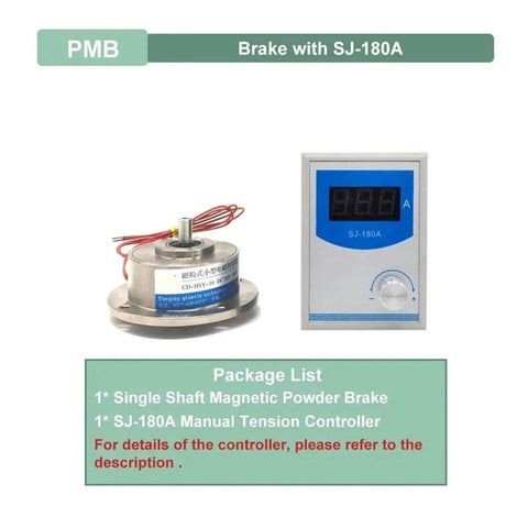 Pro Grade Magnetic Powder Brake Clutch Kit, SJ-180A controller and single shaft magnetic powder brake displayed