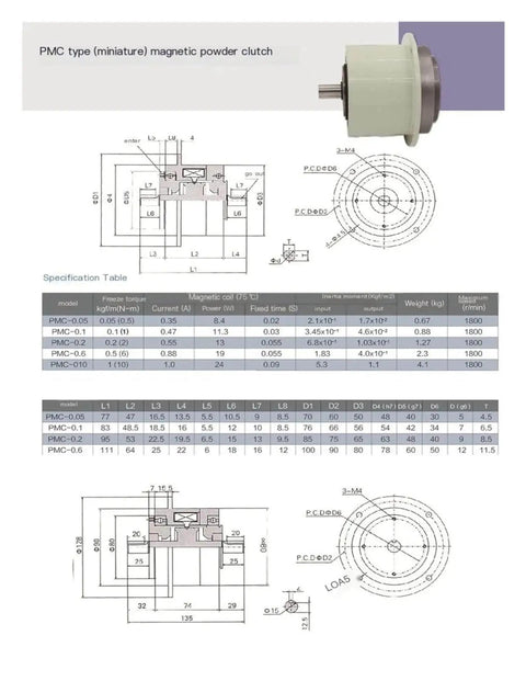 Diagram and specifications for a Heavy Duty Biaxial Magnetic Particle Brake with 0.5 to 5 Nm torque range for industrial equipment.