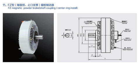 Magnetic Particle Brake FZ Series Model FZ2.5 To 400 showing side view and technical dimensions for industrial clutch systems.