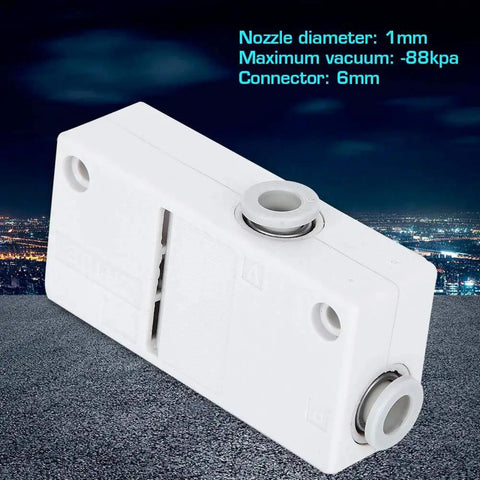 Workhorse Industrial Grade Pneumatic Vacuum Negative Pressure Generator for Automation and Robotics, white plastic unit with specs