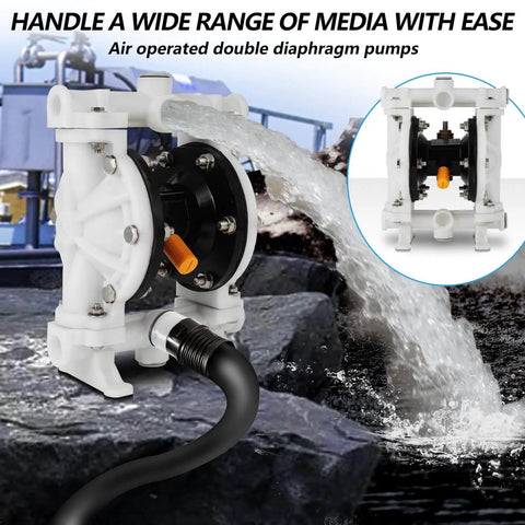 Air Operated Double Diaphragm Pump Workhorse 1/2 Inch Inlet Outlet in use, white with black components, handling liquid transfer