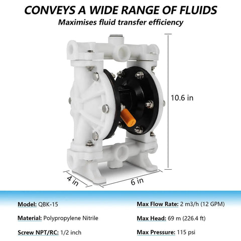 Air Operated Double Diaphragm Pump Workhorse 1/2 Inch Inlet Outlet, 12 GPM Dual Diaphragm Pneumatic Waste Oil Transfer Pump, Nitrile Seals